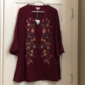 Umgee micro suede burgundy dress with embroidery